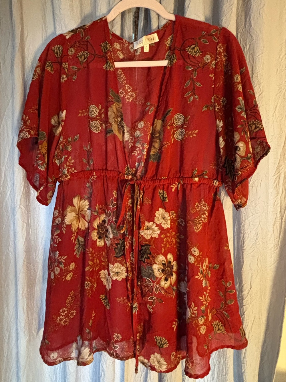 Boho Floral Tie-Waist Tunic Top - Red